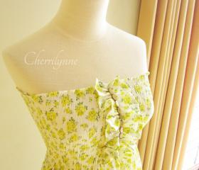 Smocked Dress with Ruffles and Beads Lime Green Japanese Cotton Floral Print