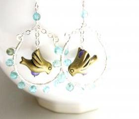 Wire Wrapped Earrings in Sterling Silver and Gold Filled with Brass Bird Charm and Apatite and Amethyst Beads