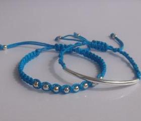 Bright Sea Blue satin Beaded Friendship Bracelets Playful Summer Fun SET OF TWO