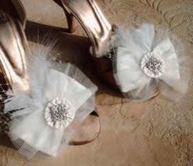 Ivory Bow Wedding Shoe Clips Or Hair Clips / Embellished With Tulle Rhinestone Buttons A Wisp Of Feathers And Birdcage Netting