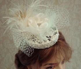 Ivory Bridal Hat Cocktail Hat Wedding Headpiece With Feathers Vintage Lace Pearls And Crystals