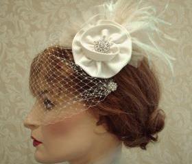 Flower Feather Fascinator, Wedding Satin Hair Clip, Birdcage Veil, Headpiece, Ivory, Edwardian Wedding, Retro Vintage, Carolina Moon Designs