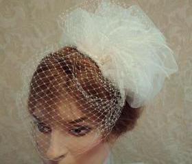 Weddings - Bridal Fascinator, Feather Hair Accessory, Bridal Accessory, Crystals Pearls, Russian Netting, Ostrich Feathers Paris Chic