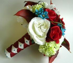 13 Piece Wedding Flower Package in Deep Red, Burgundy, Turquoise and Green - Made to Order