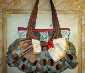Large Couture Boho Carpet Bag For Fall / Powder Blue Red Gold And Brown With Turquoise Crystal and Pearl Vintage Coro Brooch