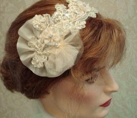 Champagne Gold Bridal Headband / Fascinator - Champagne And Gold Lace, Tulle, Shimmer Organza, Rhinestones, Wedding Headband