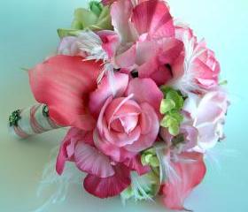 Pink Bridal Bouquet and Boutonniere Set with Feathers and Real Touch Flowers- Ready to Ship