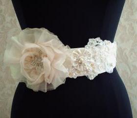 Ivory Bridal Sash Belt / Vintage Ivory Lace, Satin, Organza, Illusion Tulle, Vintage Lace Bridal Sash