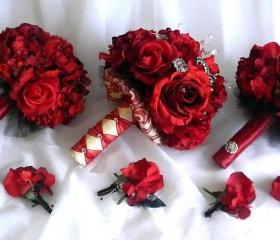 8 Piece Glamorous Damask Bouquet Set with Rhinestones and Real Touch Roses in Red, Ivory and Black- Made to Order