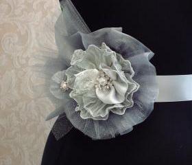 Silver Bridal Sash Tulle, Organza, Crystals, Pearls, Rhinestone Beaded Flower Sash