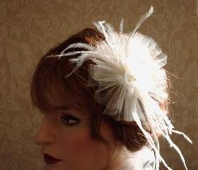 Coco Petite Fascinator - Hair Clip, Hair Accessory, Bride, Bridesmaids, Dance Headpiece, Tulle And Ostrich Feathers In Ivory