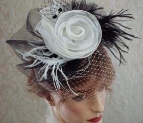 Cocktail Hat / Floral Feather fascinator In Black And White For Wedding / Dance / Burlesque