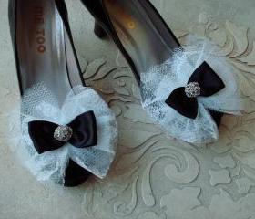 Glam Bow Shoe Clips Black White Wedding Satin Ribbon White Lace With Rhinestone Buttons