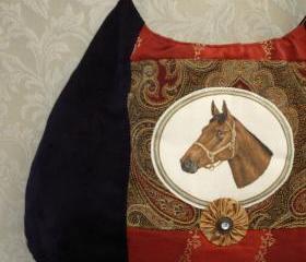 Equestrian Messenger Handbag / Black Ultra Suede And Paisley Fabric With Leather Strap