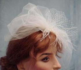 Double Layer Veil Illusion Tulle Birdcage with Russian Veiling Bow / Accented with Ostrich Feathers