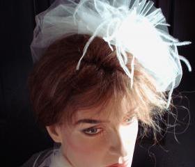 Coco Bridal Veil Fascinator Double Layered Ivory Illusion Teardrop Tulle With Ostrich Feathers