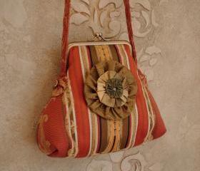 Striped Satin Damask Purse Tangerine Orange And Green / with Rosette brooch