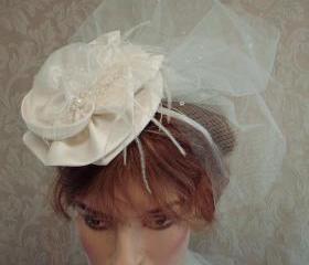 Ivory Bridal Floral And Lace Cocktail Hat / Fascinator with Teardrop Tulle Birdcage Veil