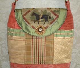 Equestrian Satchel Style Handbag / Coral Gold And Brown With Quilting