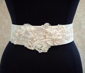 Beaded Wedding Sash Belt / Vintage Ivory Lace, Satin, Organza, Illusion Tulle, Bridal Sash