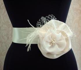 Feather Bridal Sash, Floral Wedding Belt Sash, Ivory Satin Bridal Sash, Feathers, Crystals, Rhinestones, Pearls, Russian Netting