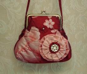 Quilted Silk Purse In Red and Pink Floral Painted Silk with Rosette Brooch For Wedding Special Occasion Or Evening Out