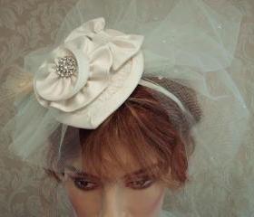Bridal Fascinator Hat / Hair Clip / Headband With Teardrop Tulle Blusher Veil
