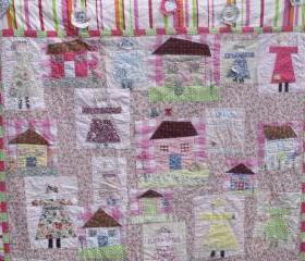 modern handmade patchwork quilt girls quilt lap quilt cover with houses and people