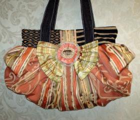 Large Boho Chic Carpet Bag In Tangerine Coral Green And Black With Silk Bow And Handcrafted Removable Brooch