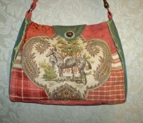 Eva Equestrian Tote Handbag In Tangerine Yellow Coral And Green With Leather Belt Strap