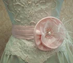 Pink Bridal Sash Belt / Satin Shantung, Organza, Floral Sash, Feathers, Rhinestone Pearl Button And Russian Netting