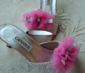 Glam Shoe Clips Bright Pink Tulle, Silver Bow And Rhinestones, Weddings, Bridal Shoe Clips