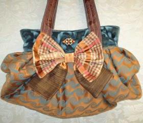 Boho Carpet Bag With Silk Bow And Vintage Brooch / Midnight Blue Autumn Gold and Rose