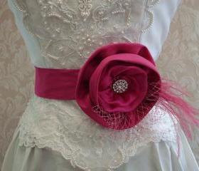 Floral Bridal Sash Belt / Bright Pink Fuchsia, Hand Dyed Ostrich Feathers, Bridcage Netting, Bridal Accessories