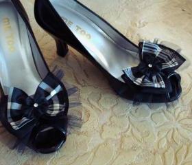 Black And White Plaid Silk Organza And Tulle Double Bow Shoe Clips