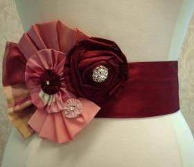 Glam Bridal Belt Handcrafted In Dark Red Taffeta Pink And Gold Silk For Autumn Or winter Wedding Or Reception