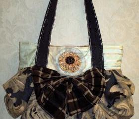 Tan And Black Tapestry Boho Chic Carpet Bag With Handcrafted Removable Brooch
