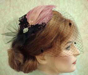 Diva Feather Fascinator With Black Chenille Dot Bandeau Style Birdcage Veil
