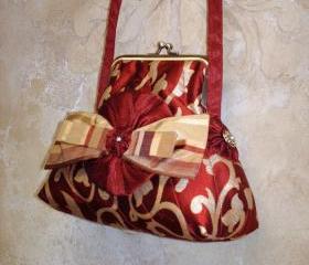 Silk Purse In Dark Red and Gold Painted Silk / with Rosette Bow Brooch For Wedding Or Special Occasion