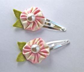 Two Pink Fabric Flower Snap Clips