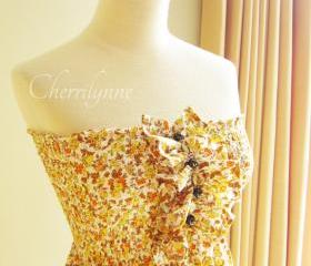 Smocked Dress with Ruffles and Beads Orange Yellow Japanese Cotton Floral Print