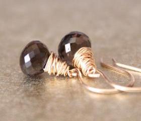 Smoky Quartz Yellow Gold Earrings Wirewrapped Bridesmaid Feminine