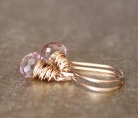 Pink Quartz Yellow Gold Earrings Wirewrapped Bridesmaid Feminine