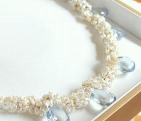 SEYMOUR--Sky Blue Topaz and Cream Keshi Pearl Gold Fill Necklace