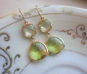 Peridot Earrings Green Citrine Block Gold Plated - Bridesmaid Earrings Wedding Earrings Bridal Earrings