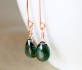 Green Chrome Diopside Rose Gold Earrings Long Marquise Wire