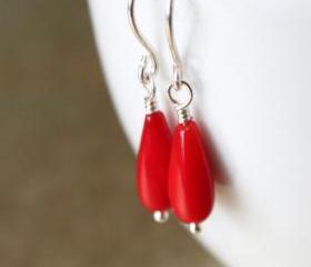 Fiery Red Coral Earrings Sterling Silver Wirewrapped Handmade Earwires