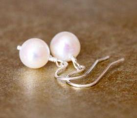 White Round Cultured Pearl Earrings Sterling Silver Wirewrapped