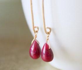 Polished Smooth Ruby Teardrop Long Gold Earrings