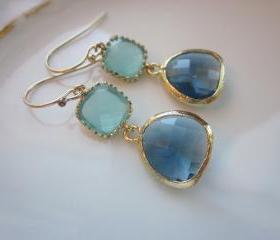 Aqua Blue Earrings Sapphire Gold Plated - Bridesmaid Earrings - Wedding Earrings - Bridal Earrings